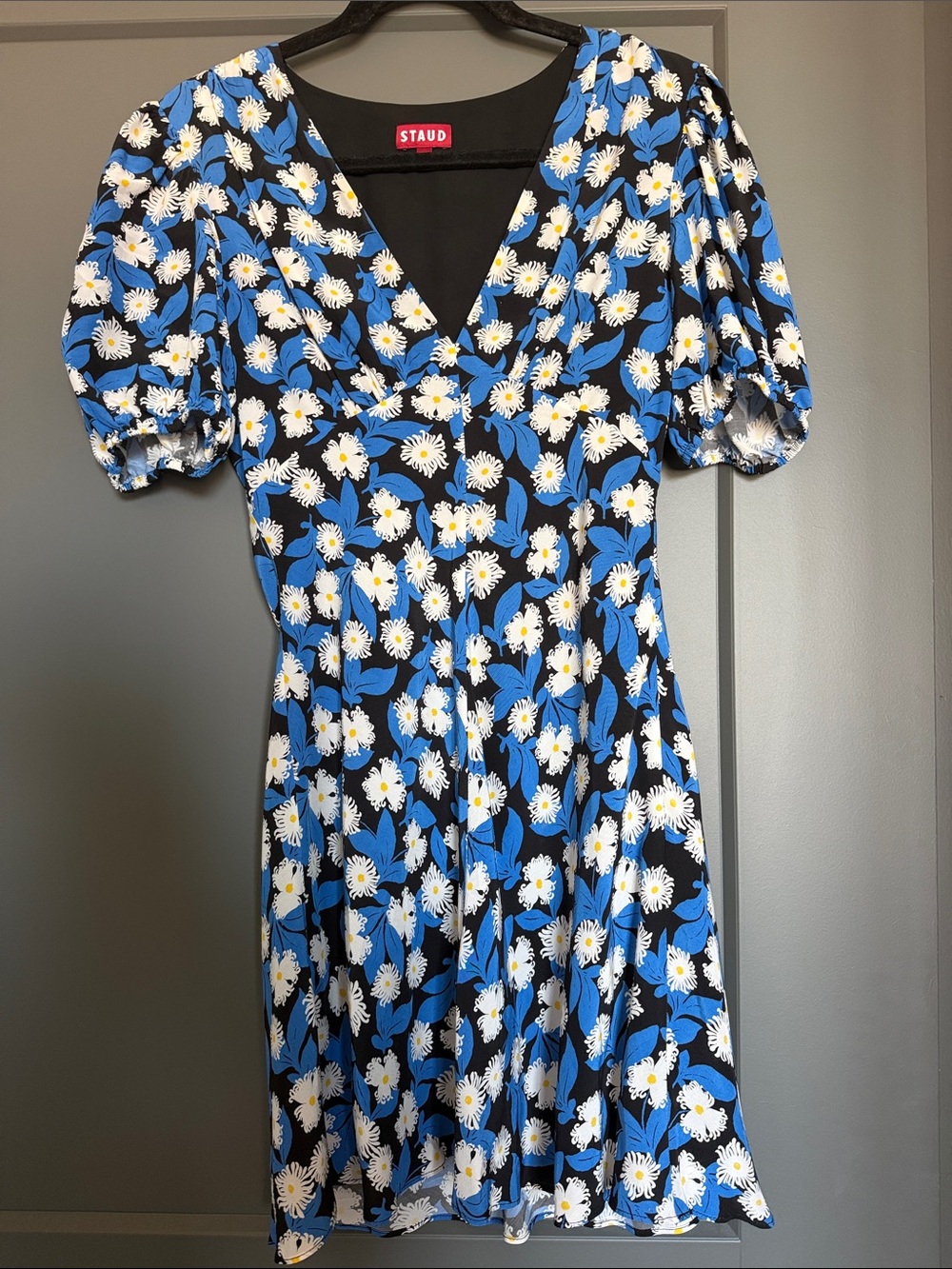 STAUD Black & Blue Daisy V-Neck Puff Sleeve Dress